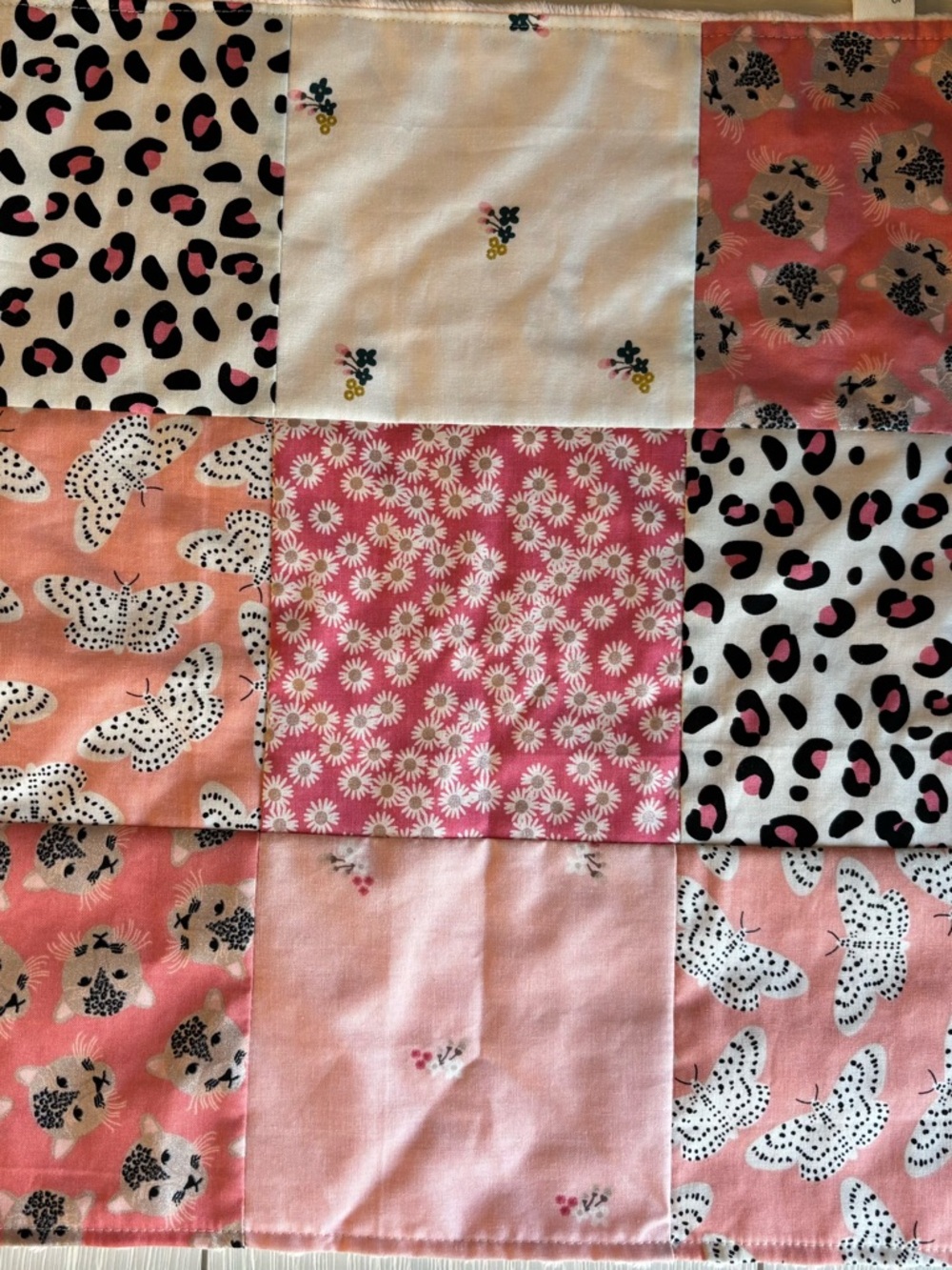 Pink Patchwork Baby Quilt with Floral, Leopard & Butterfly Prints